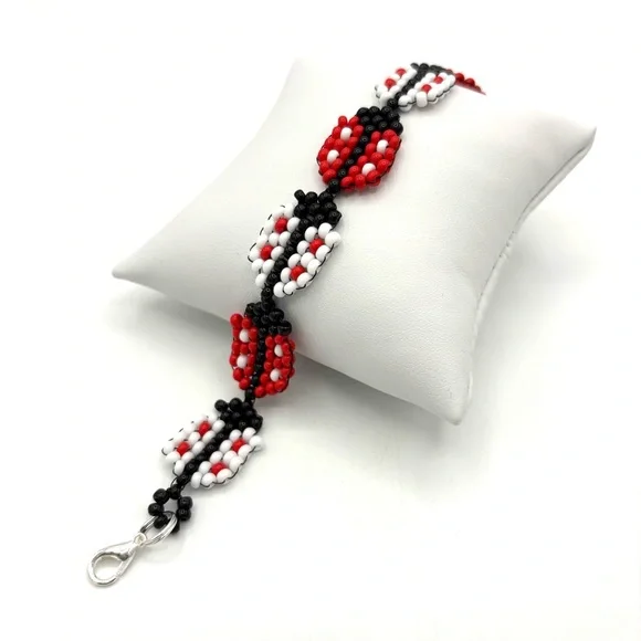 Hand Crafted Beaded Ladybug Bracelet with Bee Charm Red White and Black - Picture 1 of 9